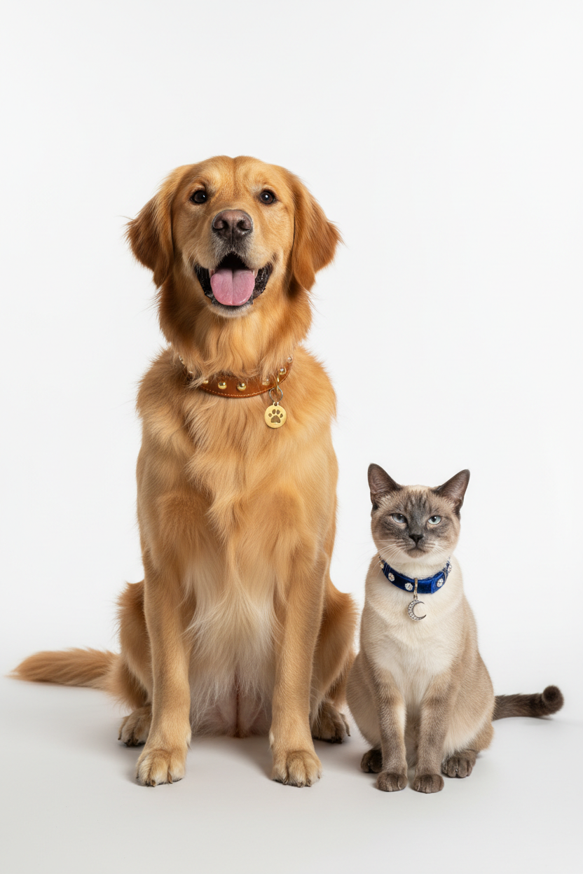 Chien et chat côte à côte avec colliers premium